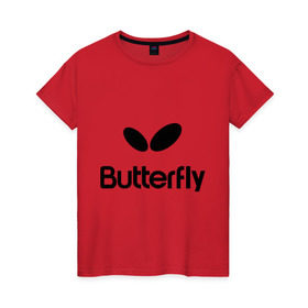 Женская футболка хлопок с принтом Butterfly в городе Новоалтайск, 100% хлопок | прямой крой, круглый вырез горловины, длина до линии бедер, слегка спущенное плечо | Тематика изображения на принте: buterfly | батерфляй | настольный теннис | ракетка | теннис | теннисный корт