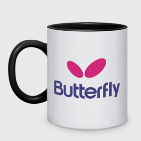 Кружка двухцветная с принтом Buterfly в городе Новоалтайск, керамика | объем — 330 мл, диаметр — 80 мм. Цветная ручка и кайма сверху, в некоторых цветах — вся внутренняя часть | buterfly | батерфляй | настольный теннис | ракетка | теннис | теннисный корт