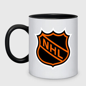 Кружка двухцветная с принтом NHL в городе Новоалтайск, керамика | объем — 330 мл, диаметр — 80 мм. Цветная ручка и кайма сверху, в некоторых цветах — вся внутренняя часть | Тематика изображения на принте: национальная хоккейная лига | нхл