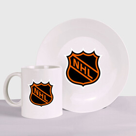 Набор: тарелка + кружка с принтом NHL в городе Новоалтайск, керамика | Кружка: объем — 330 мл, диаметр — 80 мм. Принт наносится на бока кружки, можно сделать два разных изображения. 
Тарелка: диаметр - 210 мм, диаметр для нанесения принта - 120 мм. | Тематика изображения на принте: национальная хоккейная лига | нхл
