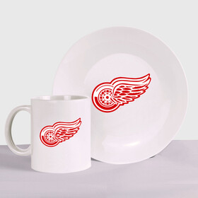 Набор: тарелка + кружка с принтом Detroit Red Wings в городе Новоалтайск, керамика | Кружка: объем — 330 мл, диаметр — 80 мм. Принт наносится на бока кружки, можно сделать два разных изображения. 
Тарелка: диаметр - 210 мм, диаметр для нанесения принта - 120 мм. | Тематика изображения на принте: hockey | nhl | лига | нхл | хокей | хоккей | хоккейная лига