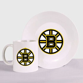 Набор: тарелка + кружка с принтом Boston Bruins в городе Новоалтайск, керамика | Кружка: объем — 330 мл, диаметр — 80 мм. Принт наносится на бока кружки, можно сделать два разных изображения. 
Тарелка: диаметр - 210 мм, диаметр для нанесения принта - 120 мм. | Тематика изображения на принте: нхл | хоккейная лига