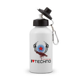 Бутылка спортивная с принтом I love techno (4) в городе Новоалтайск, металл | емкость — 500 мл, в комплекте две пластиковые крышки и карабин для крепления | love techno | techno | люблю техно | техно | я люблю | я люблю техно