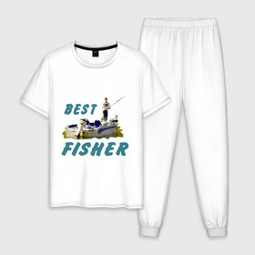 Мужская пижама хлопок с принтом Best fisher в городе Новоалтайск, 100% хлопок | брюки и футболка прямого кроя, без карманов, на брюках мягкая резинка на поясе и по низу штанин
 | клев | лодка | лучший рыбак | на рыбалке | ноживка | рыбак в лодке | рыбалка | удочка | улов