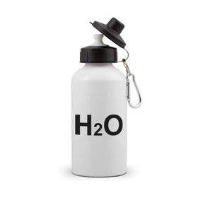 Бутылка спортивная с принтом H2O в городе Новоалтайск, металл | емкость — 500 мл, в комплекте две пластиковые крышки и карабин для крепления | вода | наука | формула | химический | химия