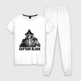 Женская пижама хлопок с принтом Captain Black в городе Новоалтайск, 100% хлопок | брюки и футболка прямого кроя, без карманов, на брюках мягкая резинка на поясе и по низу штанин | пират | скелет