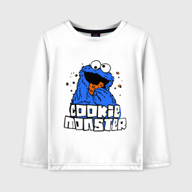 Детский лонгслив хлопок с принтом Cookie monster ест печеньку в городе Новоалтайск, 100% хлопок | круглый вырез горловины, полуприлегающий силуэт, длина до линии бедер | cookie monster | куки монстр | улица сезам