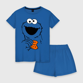 Женская пижама с шортиками хлопок с принтом Cookie monsters - с печеньем в городе Новоалтайск, 100% хлопок | футболка прямого кроя, шорты свободные с широкой мягкой резинкой | cookie monster | куки монстр | сезам | улица сезам