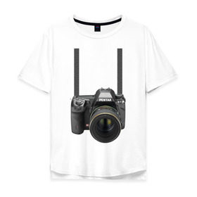 Мужская футболка хлопок Oversize с принтом Фотоаппарат на шее в городе Новоалтайск, 100% хлопок | свободный крой, круглый ворот, “спинка” длиннее передней части | прикольные | рисунок | турист | фотоаппарат