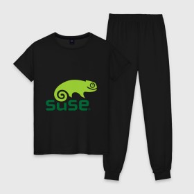 Женская пижама хлопок с принтом Suse в городе Новоалтайск, 100% хлопок | брюки и футболка прямого кроя, без карманов, на брюках мягкая резинка на поясе и по низу штанин | linux | suse | линукс | программа | софт