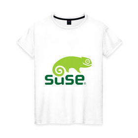 Женская футболка хлопок с принтом Suse в городе Новоалтайск, 100% хлопок | прямой крой, круглый вырез горловины, длина до линии бедер, слегка спущенное плечо | linux | suse | линукс | программа | софт