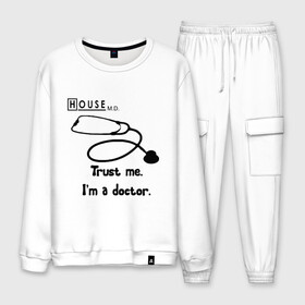Мужской костюм хлопок с принтом House Trust me I am a doctor в городе Новоалтайск, 100% хлопок | на свитшоте круглая горловина, мягкая резинка по низу. Брюки заужены к низу, на них два вида карманов: два “обычных” по бокам и два объемных, с клапанами, расположенные ниже линии бедра. Брюки с мягкой трикотажной резинкой на поясе и по низу штанин. В поясе для дополнительного комфорта — широкие завязки | everybody lies | haus | house | house md | все лгут | доктор | хауз | хаус | хью лори