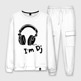 Мужской костюм хлопок с принтом Im Dj в городе Новоалтайск, 100% хлопок | на свитшоте круглая горловина, мягкая резинка по низу. Брюки заужены к низу, на них два вида карманов: два “обычных” по бокам и два объемных, с клапанами, расположенные ниже линии бедра. Брюки с мягкой трикотажной резинкой на поясе и по низу штанин. В поясе для дополнительного комфорта — широкие завязки | club | dj | диджей | клуб | наушники