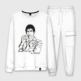 Мужской костюм хлопок с принтом Аль Пачино (Scarface) в городе Новоалтайск, 100% хлопок | на свитшоте круглая горловина, мягкая резинка по низу. Брюки заужены к низу, на них два вида карманов: два “обычных” по бокам и два объемных, с клапанами, расположенные ниже линии бедра. Брюки с мягкой трикотажной резинкой на поясе и по низу штанин. В поясе для дополнительного комфорта — широкие завязки | al pacino | scarface | актер | аль пачино | брайана де пальмы | голливуд | знаменитость | лицо со шрамом