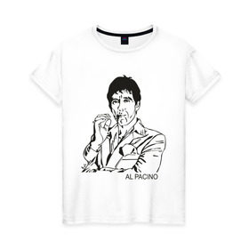 Женская футболка хлопок с принтом Аль Пачино (Scarface) в городе Новоалтайск, 100% хлопок | прямой крой, круглый вырез горловины, длина до линии бедер, слегка спущенное плечо | al pacino | scarface | актер | аль пачино | брайана де пальмы | голливуд | знаменитость | лицо со шрамом