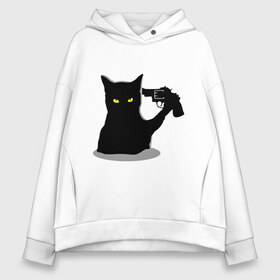 Женское худи Oversize хлопок с принтом Black Cat Shooter в городе Новоалтайск, френч-терри — 70% хлопок, 30% полиэстер. Мягкий теплый начес внутри —100% хлопок | боковые карманы, эластичные манжеты и нижняя кромка, капюшон на магнитной кнопке | кот | кошка | кошка с пистолетом | кошки | пистолет | револьвер | черная кошка