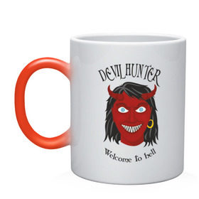 Кружка хамелеон с принтом Devil Hunter - Welcome to hell в городе Новоалтайск, керамика | меняет цвет при нагревании, емкость 330 мл | devil | devil hunter | welcome to hell | ангелы и демоны | девушкам | демон | дьявол | черт