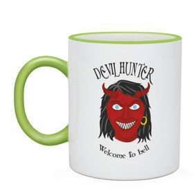 Кружка двухцветная с принтом Devil Hunter - Welcome to hell в городе Новоалтайск, керамика | объем — 330 мл, диаметр — 80 мм. Цветная ручка и кайма сверху, в некоторых цветах — вся внутренняя часть | devil | devil hunter | welcome to hell | ангелы и демоны | девушкам | демон | дьявол | черт