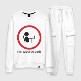 Женский костюм хлопок с принтом I will delete the world в городе Новоалтайск, 100% хлопок | на свитшоте круглая горловина, мягкая резинка по низу. Брюки заужены к низу, на них два вида карманов: два 