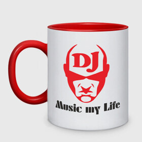 Кружка двухцветная с принтом Music my life в городе Новоалтайск, керамика | объем — 330 мл, диаметр — 80 мм. Цветная ручка и кайма сверху, в некоторых цветах — вся внутренняя часть | deejay | dj | life | music | диджей | жизнь | лицо | музыка