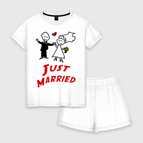 Женская пижама с шортиками хлопок с принтом Just married в городе Новоалтайск, 100% хлопок | футболка прямого кроя, шорты свободные с широкой мягкой резинкой | для молодоженов | молодожены | мы только что поженились | невеста | супружеская | только поженились