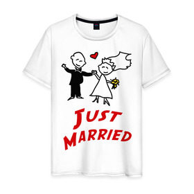 Мужская футболка хлопок с принтом Just married в городе Новоалтайск, 100% хлопок | прямой крой, круглый вырез горловины, длина до линии бедер, слегка спущенное плечо. | для молодоженов | молодожены | мы только что поженились | невеста | супружеская | только поженились