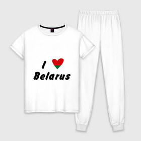 Женская пижама хлопок с принтом I love Belarus в городе Новоалтайск, 100% хлопок | брюки и футболка прямого кроя, без карманов, на брюках мягкая резинка на поясе и по низу штанин | беларусы | беларусь | белоруссия | лукашенко | люблю | минск | флаг