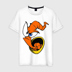 Мужская футболка хлопок с принтом Червяк Джим (Earthworm jimm) в городе Новоалтайск, 100% хлопок | прямой крой, круглый вырез горловины, длина до линии бедер, слегка спущенное плечо. | червяк джим. главный герой мультика 