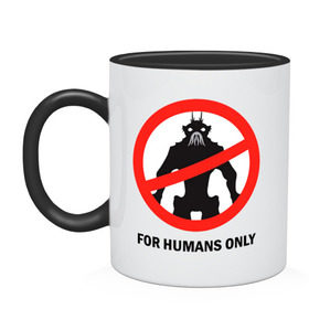 Кружка двухцветная с принтом For humans only в городе Новоалтайск, керамика | объем — 330 мл, диаметр — 80 мм. Цветная ручка и кайма сверху, в некоторых цветах — вся внутренняя часть | Тематика изображения на принте: disrict 9 | бломкэмп | запрет | запрещающий знак | инопланетянин | нил бломкамп | пришелец | район №9