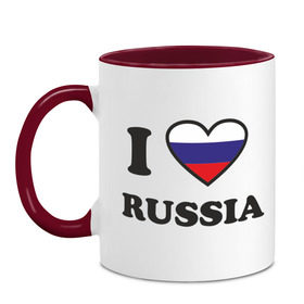 Кружка двухцветная с принтом Я Люблю Россию! в городе Новоалтайск, керамика | объем — 330 мл, диаметр — 80 мм. Цветная ручка и кайма сверху, в некоторых цветах — вся внутренняя часть | i love russia | russia | россия | русский | я люблю россию | я русский
