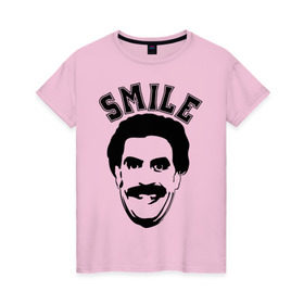 Женская футболка хлопок с принтом Борат-smile в городе Новоалтайск, 100% хлопок | прямой крой, круглый вырез горловины, длина до линии бедер, слегка спущенное плечо | borat smileкавказ | борат | борат smile | кавказцы
