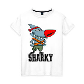 Женская футболка хлопок с принтом Sharky в городе Новоалтайск, 100% хлопок | прямой крой, круглый вырез горловины, длина до линии бедер, слегка спущенное плечо | 