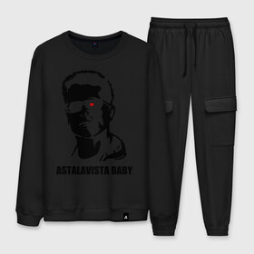 Мужской костюм хлопок с принтом Терминатор Astalavista Baby в городе Новоалтайск, 100% хлопок | на свитшоте круглая горловина, мягкая резинка по низу. Брюки заужены к низу, на них два вида карманов: два “обычных” по бокам и два объемных, с клапанами, расположенные ниже линии бедра. Брюки с мягкой трикотажной резинкой на поясе и по низу штанин. В поясе для дополнительного комфорта — широкие завязки | terminator | асталависта | терминатор | шварц | шварценеггер | шварцнеггер