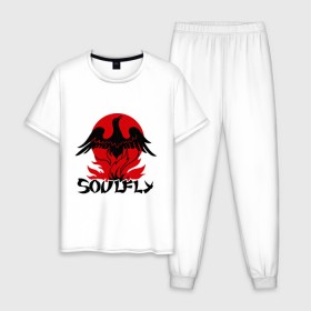 Мужская пижама хлопок с принтом Soulfly (1) в городе Новоалтайск, 100% хлопок | брюки и футболка прямого кроя, без карманов, на брюках мягкая резинка на поясе и по низу штанин
 | heavy metal | metal | muse | rock | trash metal | альтернатива | квартет | лица | метал | рок | рок группа | рок группы | трэш метал | хеви метал