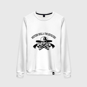 Женский свитшот хлопок с принтом Western skull & two revolvers в городе Новоалтайск, 100% хлопок | прямой крой, круглый вырез, на манжетах и по низу широкая трикотажная резинка  | two revolvers | western | wild west | дикий запад | ковбой | оружие | пистолеты | револьверы