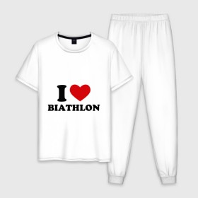 Мужская пижама хлопок с принтом Я люблю Биатлон — I love Biathlon в городе Новоалтайск, 100% хлопок | брюки и футболка прямого кроя, без карманов, на брюках мягкая резинка на поясе и по низу штанин
 | биатлон | биатлонисты | я люблю