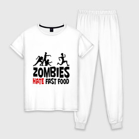 Женская пижама хлопок с принтом Zombies hate fast food в городе Новоалтайск, 100% хлопок | брюки и футболка прямого кроя, без карманов, на брюках мягкая резинка на поясе и по низу штанин | зомби