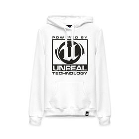 Женская толстовка хлопок с принтом Unreal technology powered by в городе Новоалтайск, френч-терри, мягкий теплый начес внутри (100% хлопок) | карман-кенгуру, эластичные манжеты и нижняя кромка, капюшон с подкладом и шнурком | powered by | shooter | technology | unreal | стрелялка | шутер