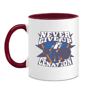 Кружка двухцветная с принтом WWE John Cena Never give up в городе Новоалтайск, керамика | объем — 330 мл, диаметр — 80 мм. Цветная ручка и кайма сверху, в некоторых цветах — вся внутренняя часть | джон сина