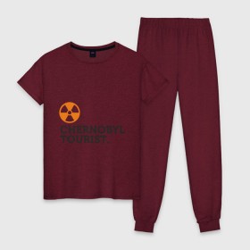 Женская пижама хлопок с принтом Chernobyl tourist в городе Новоалтайск, 100% хлопок | брюки и футболка прямого кроя, без карманов, на брюках мягкая резинка на поясе и по низу штанин | chernobyl tourist | аэс | радиация | турист | чернобыль