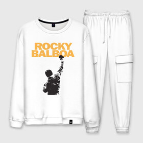 Мужской костюм хлопок с принтом Рокки (Rocky Balboa) в городе Новоалтайск, 100% хлопок | на свитшоте круглая горловина, мягкая резинка по низу. Брюки заужены к низу, на них два вида карманов: два “обычных” по бокам и два объемных, с клапанами, расположенные ниже линии бедра. Брюки с мягкой трикотажной резинкой на поясе и по низу штанин. В поясе для дополнительного комфорта — широкие завязки | емельяненко