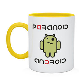 Кружка двухцветная с принтом Paranoid android в городе Новоалтайск, керамика | объем — 330 мл, диаметр — 80 мм. Цветная ручка и кайма сверху, в некоторых цветах — вся внутренняя часть | 