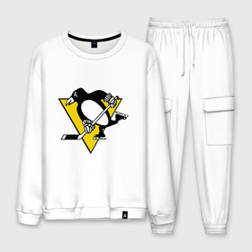 Мужской костюм хлопок с принтом Pittsburgh Penguins в городе Новоалтайск, 100% хлопок | на свитшоте круглая горловина, мягкая резинка по низу. Брюки заужены к низу, на них два вида карманов: два “обычных” по бокам и два объемных, с клапанами, расположенные ниже линии бедра. Брюки с мягкой трикотажной резинкой на поясе и по низу штанин. В поясе для дополнительного комфорта — широкие завязки | Тематика изображения на принте: пингвин