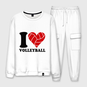 Мужской костюм хлопок с принтом I love volleyball - Я люблю волейбол в городе Новоалтайск, 100% хлопок | на свитшоте круглая горловина, мягкая резинка по низу. Брюки заужены к низу, на них два вида карманов: два “обычных” по бокам и два объемных, с клапанами, расположенные ниже линии бедра. Брюки с мягкой трикотажной резинкой на поясе и по низу штанин. В поясе для дополнительного комфорта — широкие завязки | Тематика изображения на принте: волейбол