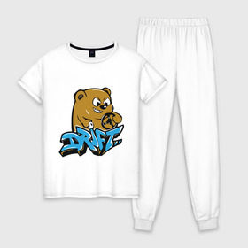 Женская пижама хлопок с принтом Drift bear в городе Новоалтайск, 100% хлопок | брюки и футболка прямого кроя, без карманов, на брюках мягкая резинка на поясе и по низу штанин | auto | drift bear | авто | автомобильные | машины | медведь | тачки | тюнинг