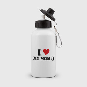 Бутылка спортивная с принтом I love my mom в городе Новоалтайск, металл | емкость — 500 мл, в комплекте две пластиковые крышки и карабин для крепления | i love | дети | для мамы | любимая мама | мама | маме | мамочка | мамуля | ребенок | родители | сердечко | сердце | я люблю маму