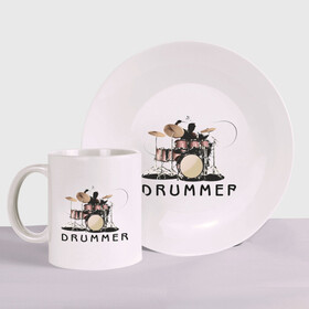 Набор: тарелка + кружка с принтом Drummer в городе Новоалтайск, керамика | Кружка: объем — 330 мл, диаметр — 80 мм. Принт наносится на бока кружки, можно сделать два разных изображения. 
Тарелка: диаметр - 210 мм, диаметр для нанесения принта - 120 мм. | dnb | drummer | барабанщик | барабаны | драм н басс | драммер | драмнбас | ударник | ударные