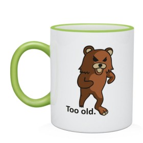 Кружка двухцветная с принтом Pedobear too old в городе Новоалтайск, керамика | объем — 330 мл, диаметр — 80 мм. Цветная ручка и кайма сверху, в некоторых цветах — вся внутренняя часть | pedobear | too old | детведь | интернет мем | педабир | педведь | педобер | педобир | педомедведь | педомедвеь | пидобир | слишком старый | чадомиша