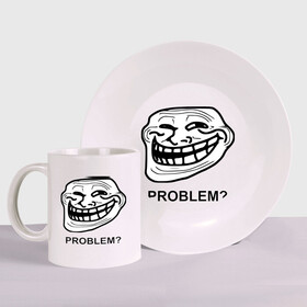 Набор: тарелка + кружка с принтом Trollface. Problem? Проблемы? в городе Новоалтайск, керамика | Кружка: объем — 330 мл, диаметр — 80 мм. Принт наносится на бока кружки, можно сделать два разных изображения. 
Тарелка: диаметр - 210 мм, диаметр для нанесения принта - 120 мм. | троллинг | троль
