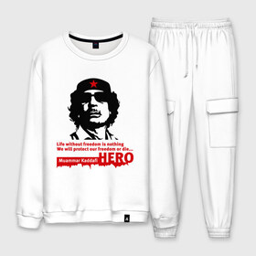 Мужской костюм хлопок с принтом Kaddafi hero в городе Новоалтайск, 100% хлопок | на свитшоте круглая горловина, мягкая резинка по низу. Брюки заужены к низу, на них два вида карманов: два “обычных” по бокам и два объемных, с клапанами, расположенные ниже линии бедра. Брюки с мягкой трикотажной резинкой на поясе и по низу штанин. В поясе для дополнительного комфорта — широкие завязки | kadafi | kaddafi | кадафи | каддафи | муамар каддафи